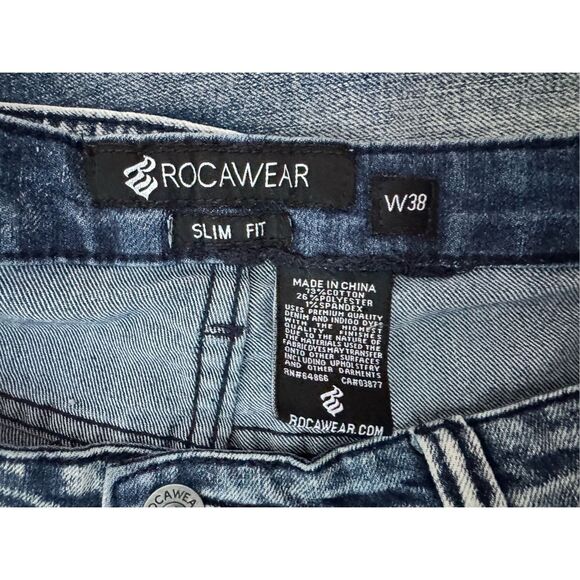 Rocawear Biker Jeans Mens 38 Blue Denim Streetwear Slim Fit Faded Skinny Leg y2k - Picture 6 of 10